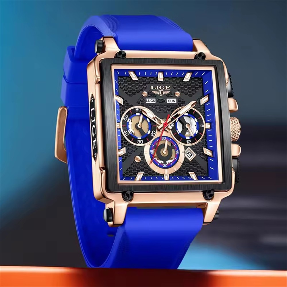 LIGE Men Watch Rectangle Sport Quartz Wristwatch Silicone Strap Male Date Watch