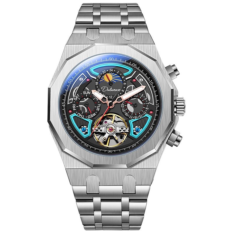 Men’s Tourbillon Mechanical Skeleton Watch Moon Phase Date Waterproof Automatic