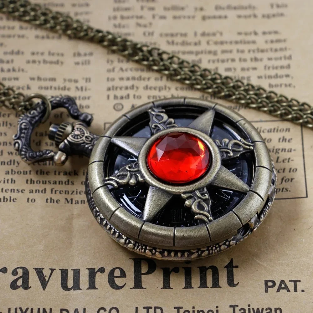 Steampunk Red Gem Compass Pocket Watch Necklace – Antique Bronze Pendant