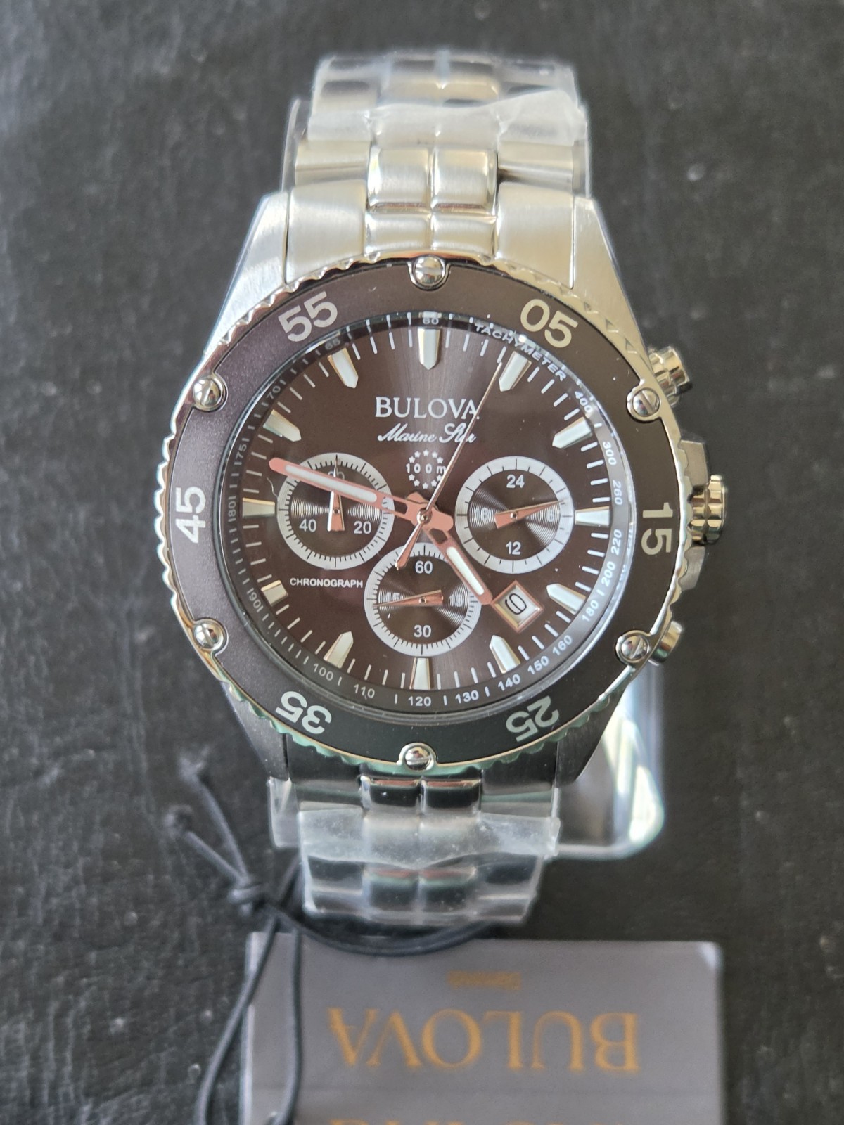 Bulova 98B401 Men’s Marine Star Quartz Chronograph Black Dial Steel Watch 41.5mm