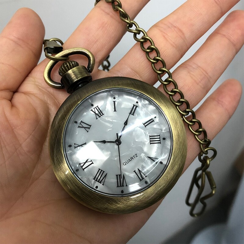 Bronze Smooth Open Face Roman Numerals Pocket Watch Alloy Case with Hook Chain