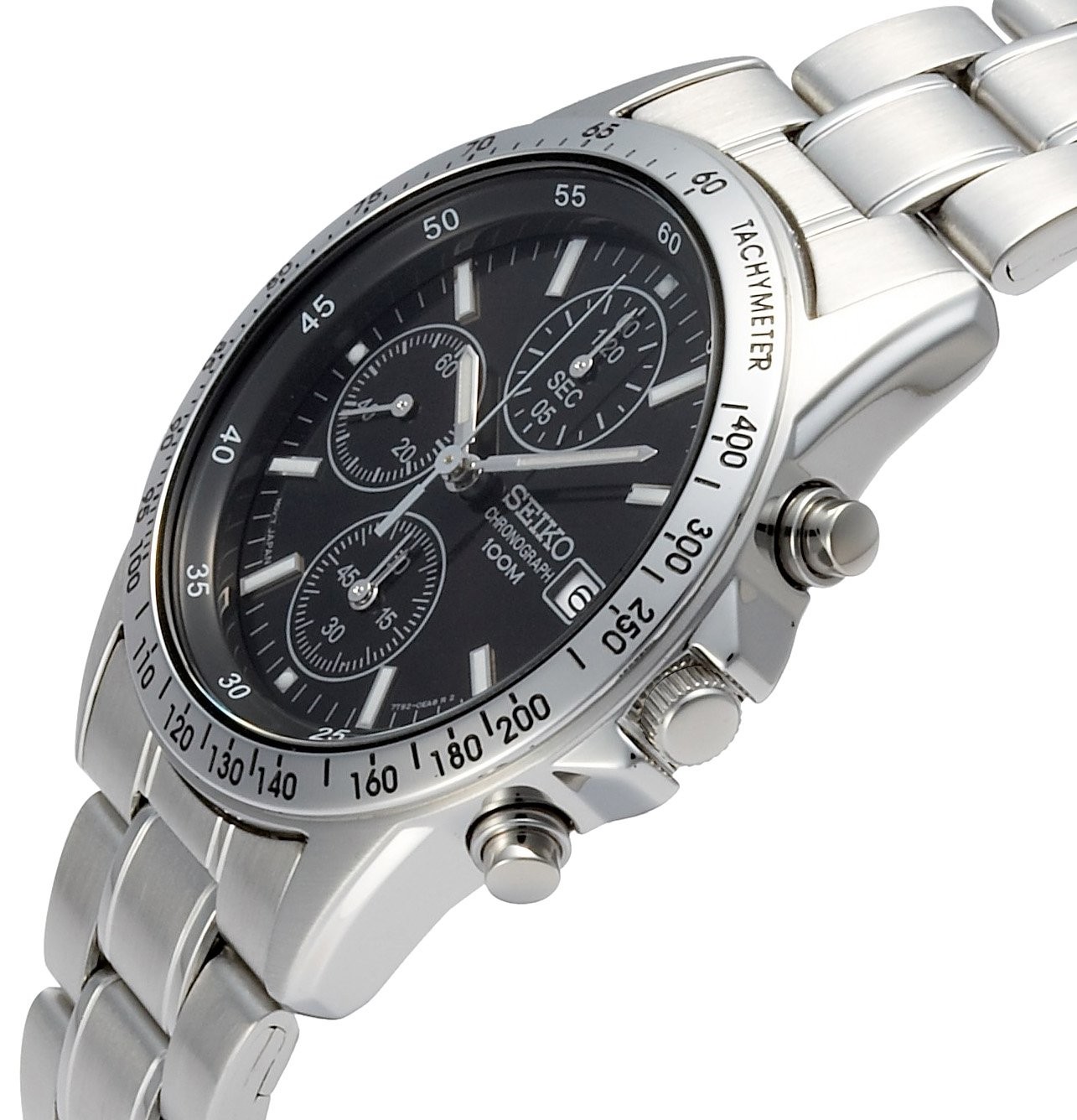 SEIKO SND367PC Chronograph Black Dial Quartz Watch 10BAR 20cm Stainless Steel