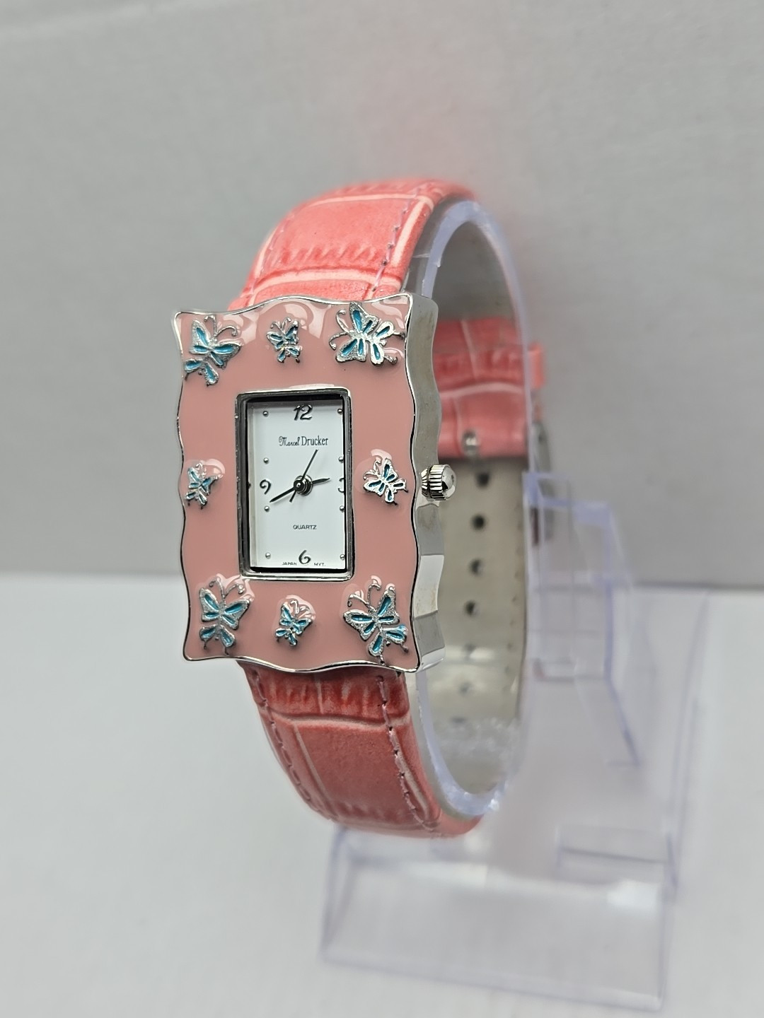 Womens Marcel Drucker Silver Tone Pink Enamel Blue Butterflies Watch New Battery