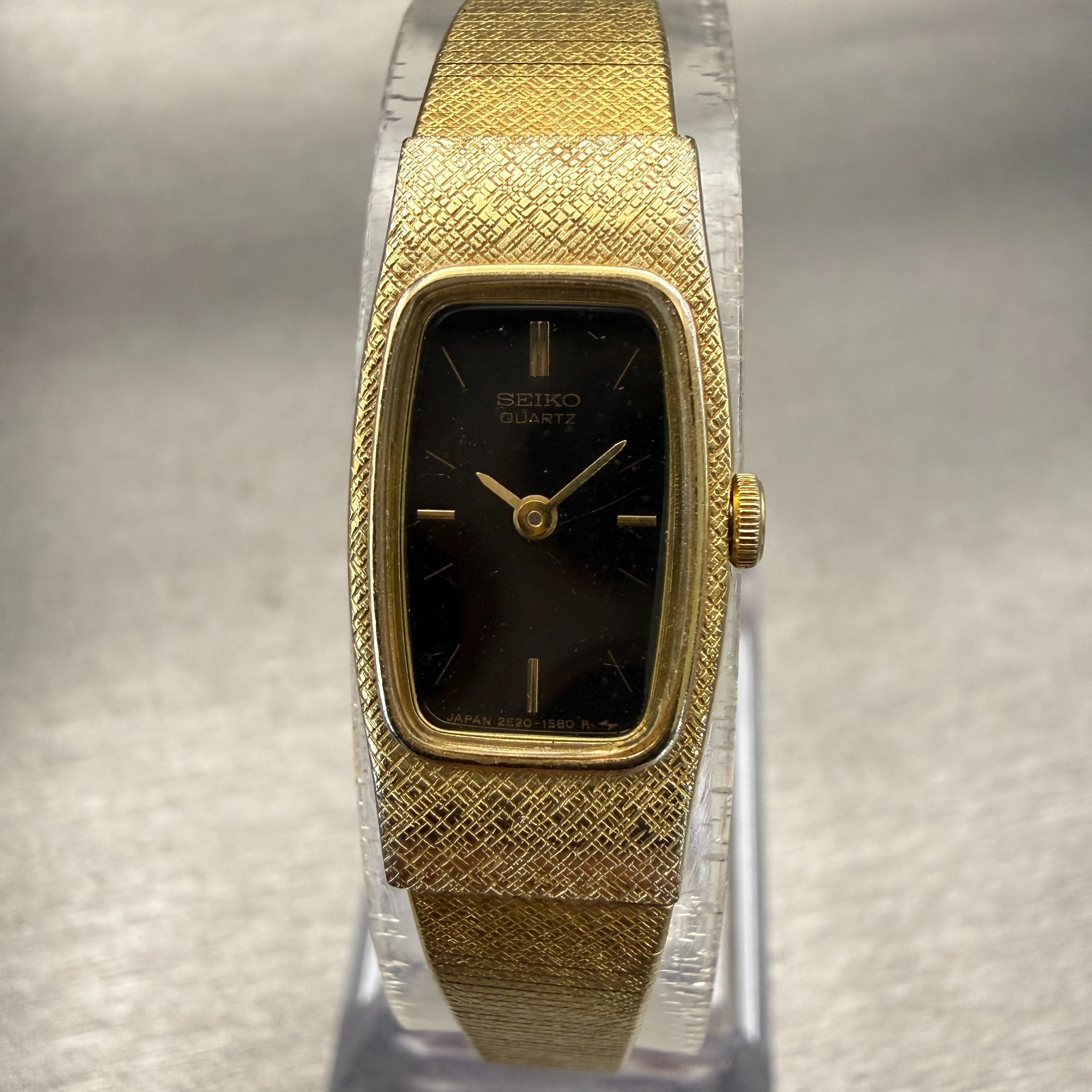 Seiko Watch Women 13mm Black Dial Gold Tone Rectangle 2E20-6139 New Battery VTG