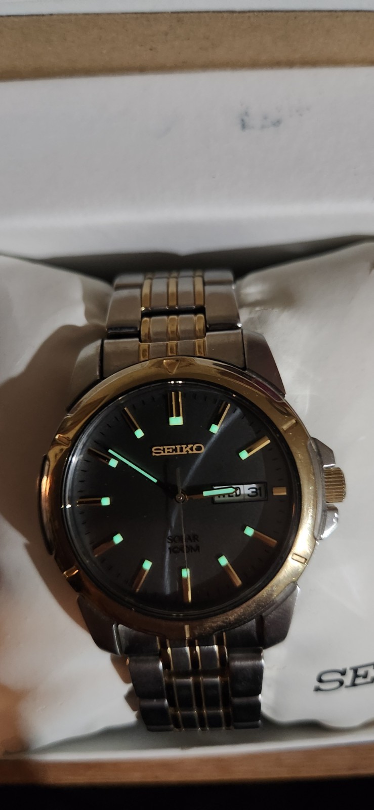 Seiko SNE098 Solar Quartz Men’s Watch Gray Dial Two-Tone Day/Date 100m