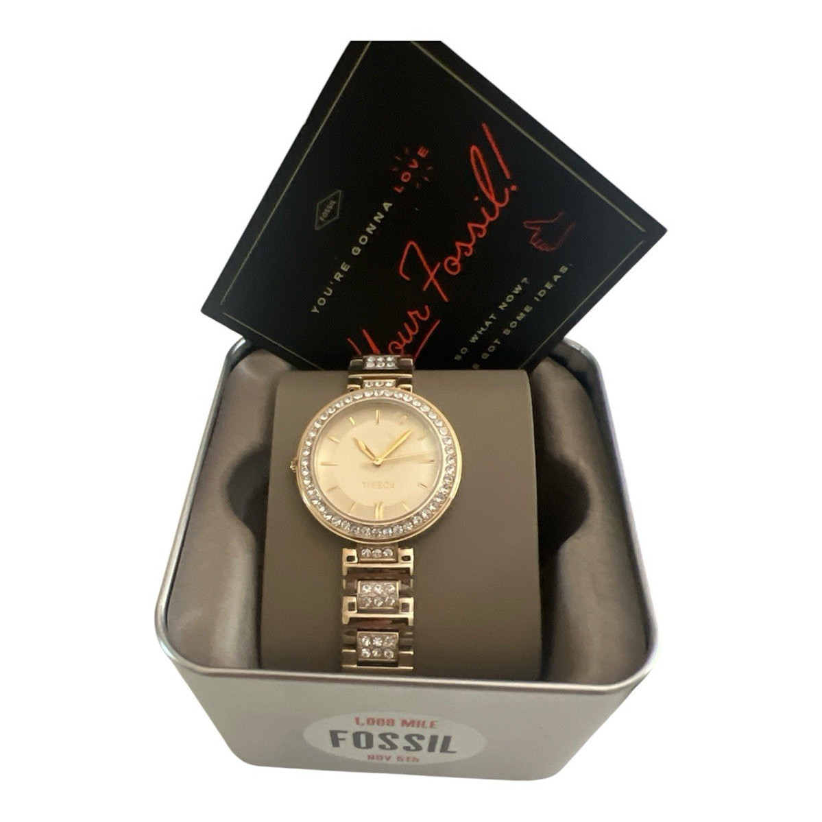 Fossil Women’s Silver Stainless Bracelet Analog Gem-Set Bezel Watch w/ Box