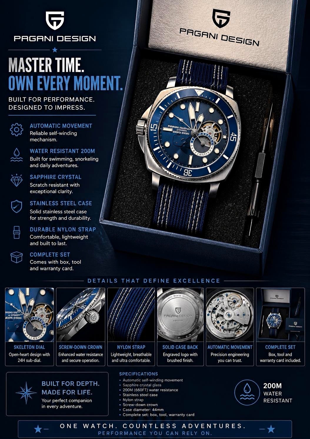 Pagani PD1736 – Automatic 200m Sapphire Blue Dial 44mm