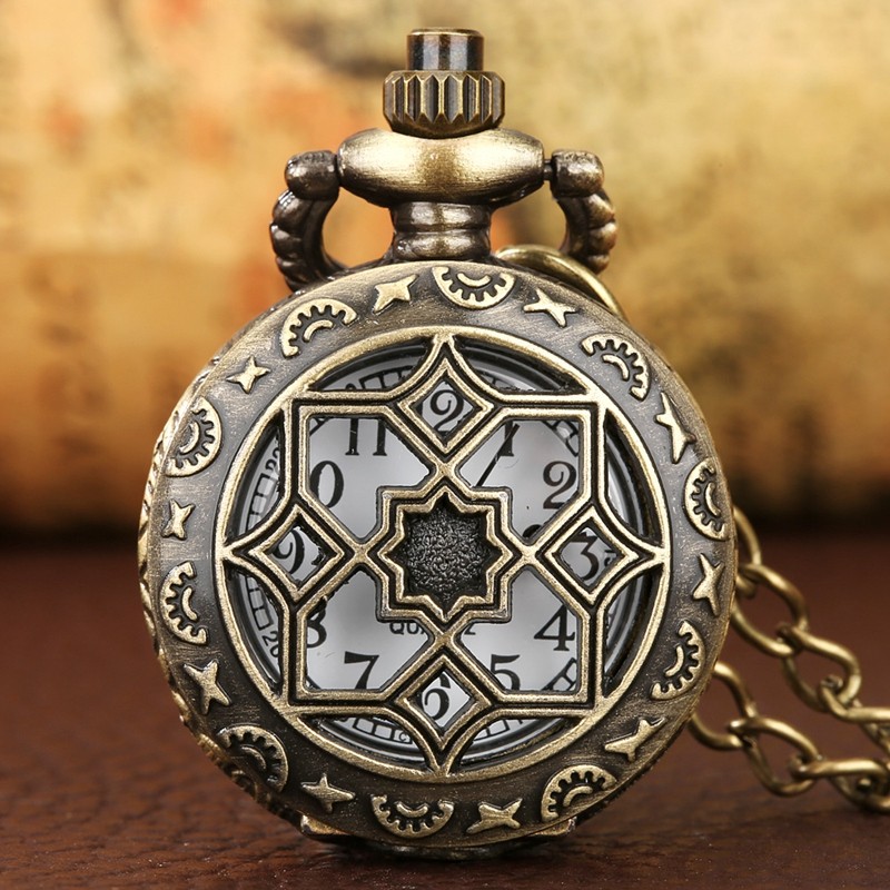 Mini Steampunk Quartz Pocket Watch Engraved Antique Bronze w/ Necklace Chain