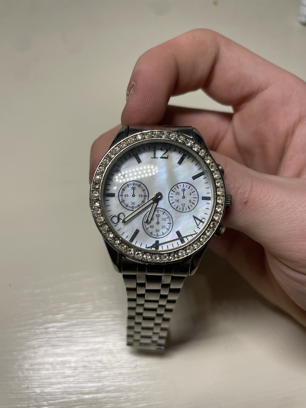 Silver Gem-Set Bezel Chronograph Analog Wristwatch, White Dial, Steel Bracelet