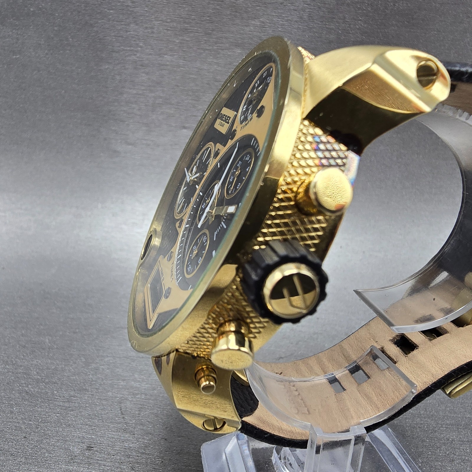 Diesel Mr. Daddy Watch Men 52mm Black Dial Gold Chronograph Digital New Battery