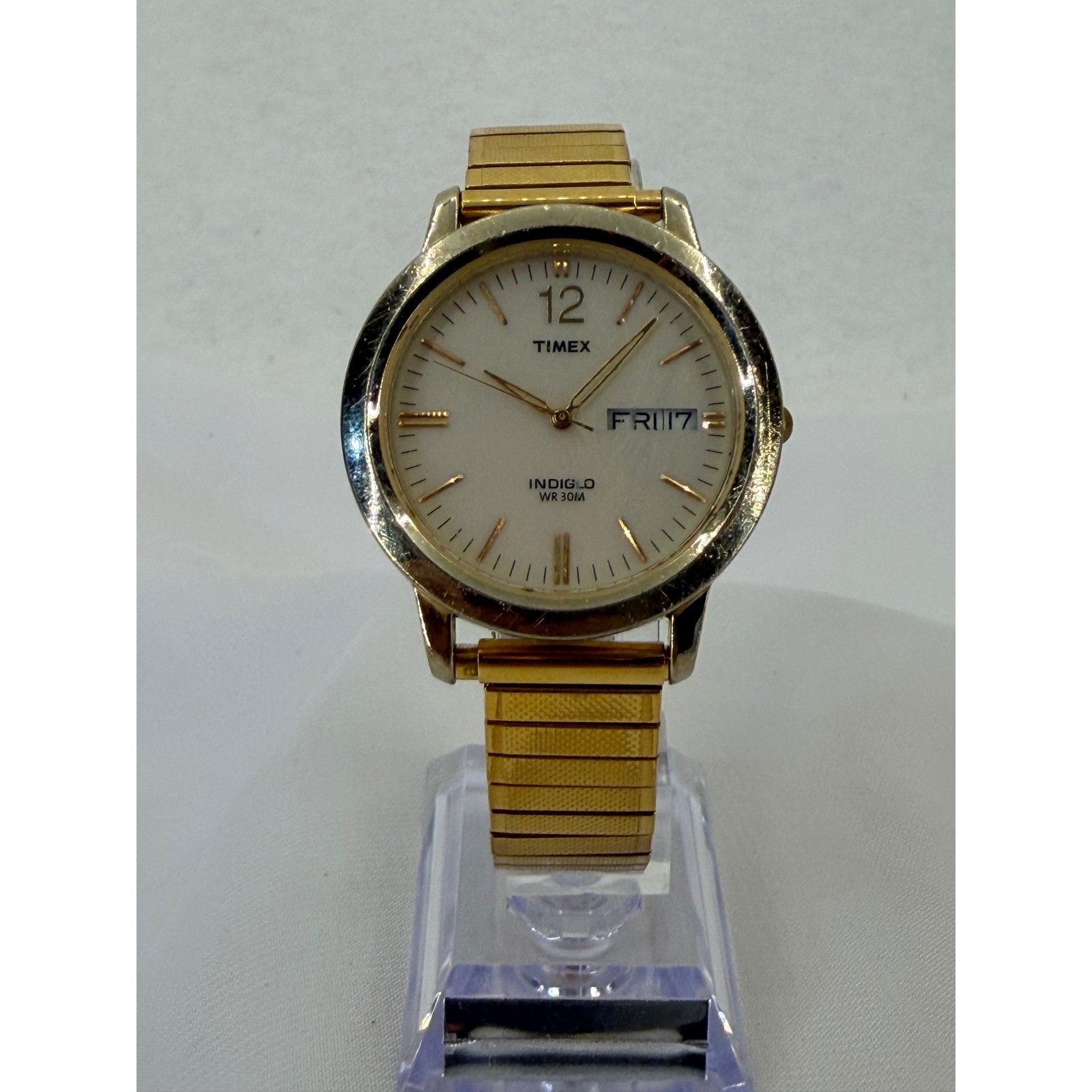 Timex Indiglo WR 30M Gold Tone Day Date Expansion Band Watch CR2016 KO