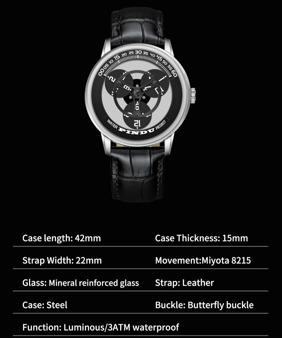 PINDU Men’s waterproof Mechanical Watch 42mm Steel Luminous pointer dial Pressie