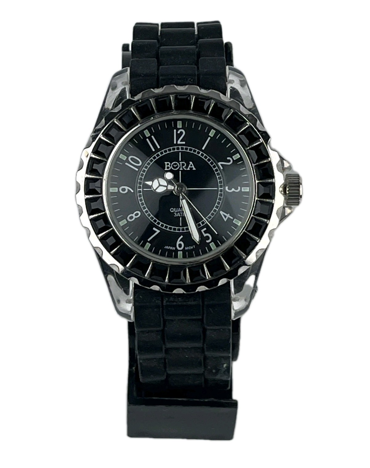 Bora Women’s Watch Black Dial Black Stone Bezel Black Silicone Band New Battery