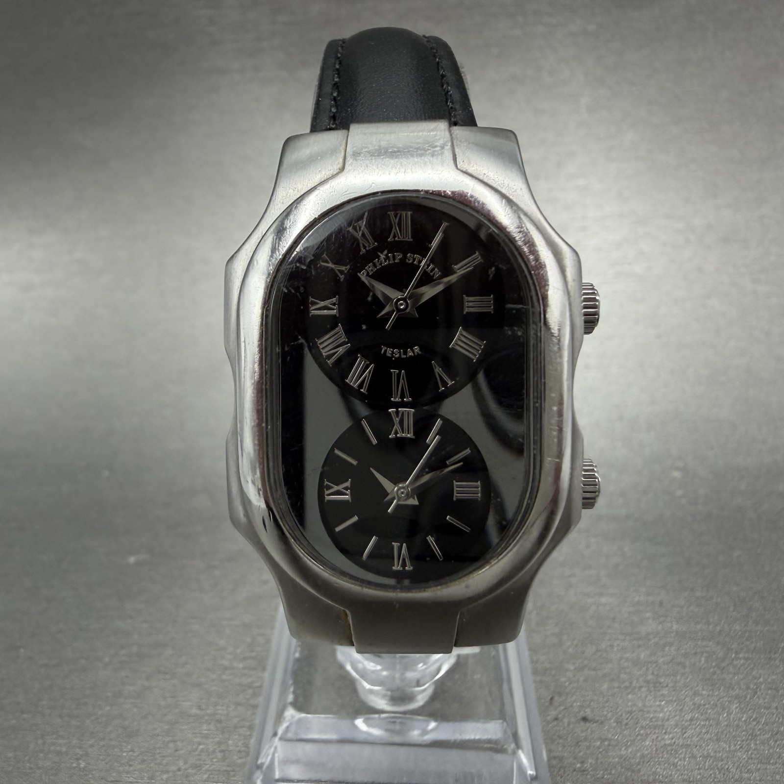 Philip Stein Teslar Watch Women 27mm Black Dial Steel Dual Time Oval New Battery