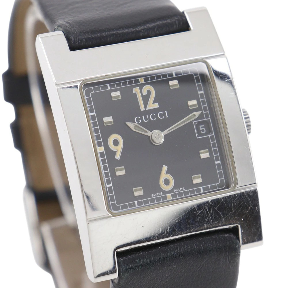 GUCCI Watch 7700L Stainless Steel Leather Quartz Analog Black Dial Ladies Used