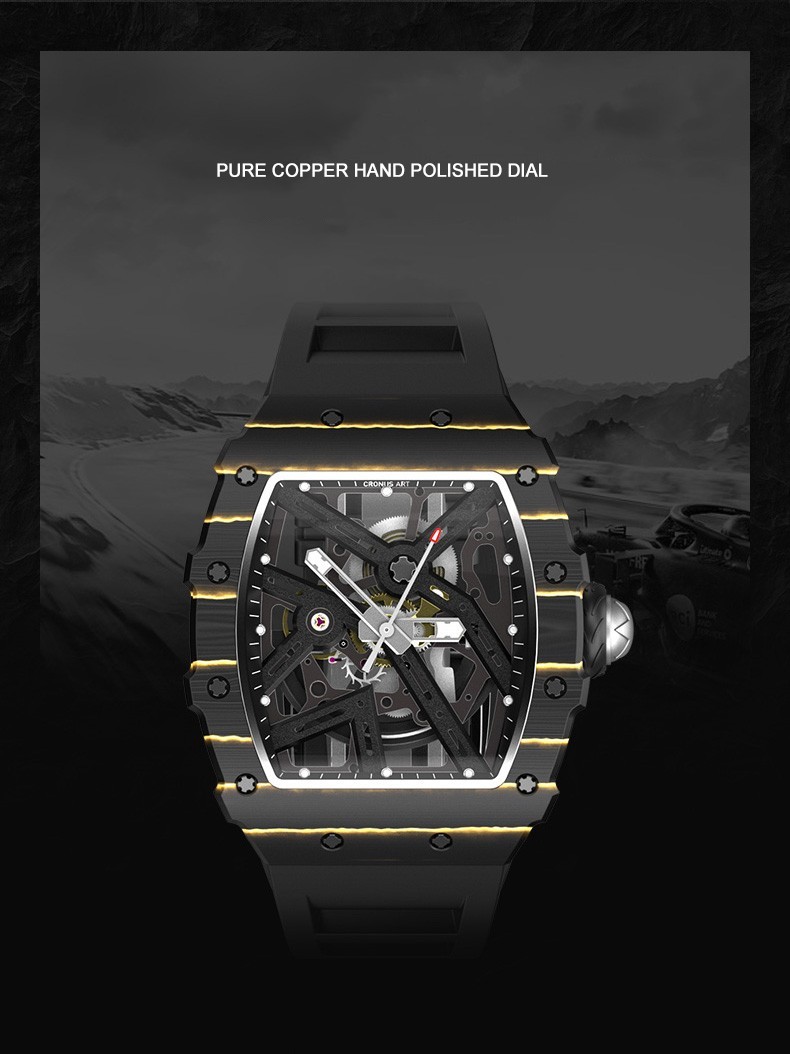 CRONUSART Men Automatic Watch Tonneau Mechanical Wristwatch Carbon Fiber Case
