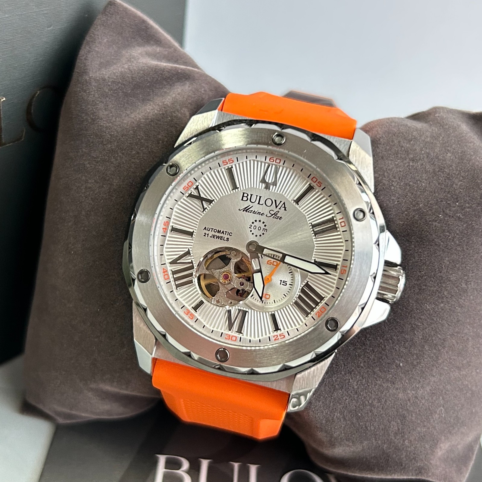 Bulova Marine Star 98A226 White Dial Orange Rubber Strap Men Automatic Watch45MM