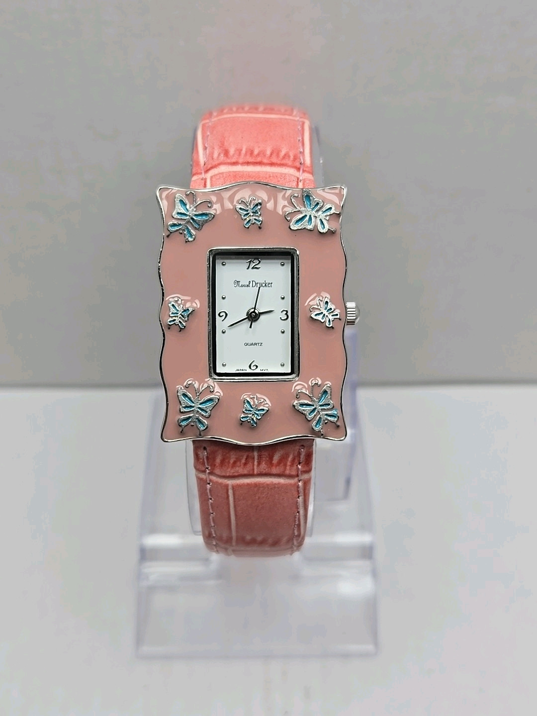 Womens Marcel Drucker Silver Tone Pink Enamel Blue Butterflies Watch New Battery