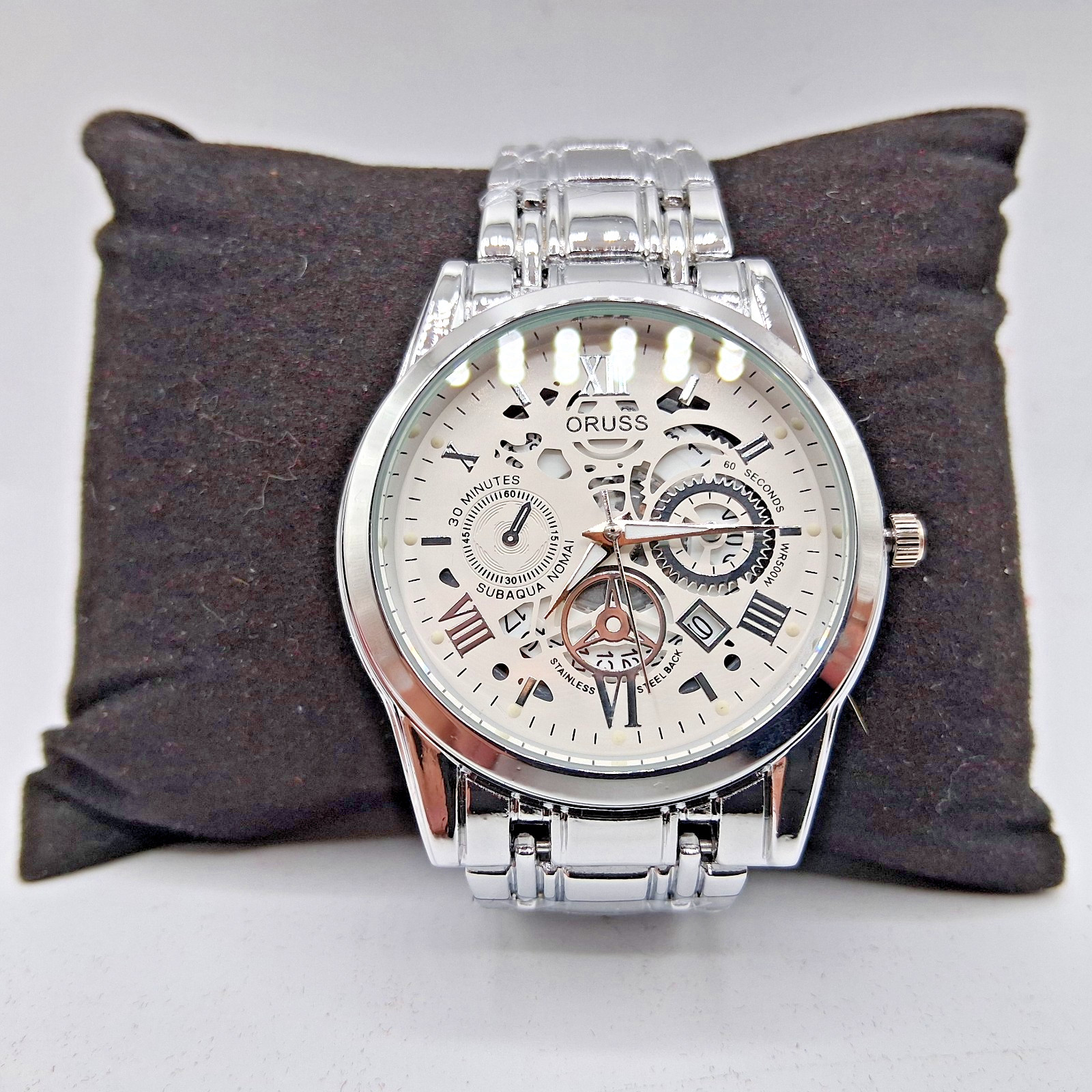 Oruss 1853 Men’s Stainless Steel Watch White Dial,Roman Numerals, Calendar Watch