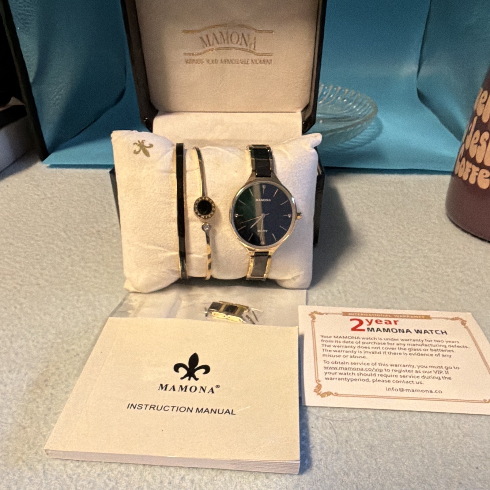 MAMONA Women’s Quartz Watch Blue & Black/Gold Bracelet Box Papers Needs Battery