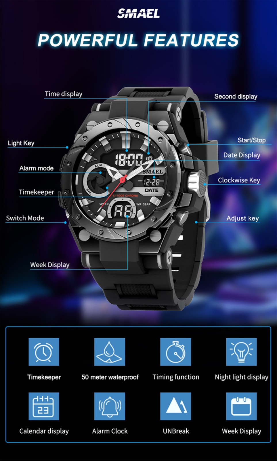 SMAEL Men Digital Sport Watch Large Dial LED Alarm Wristwatch Boy Military Watct