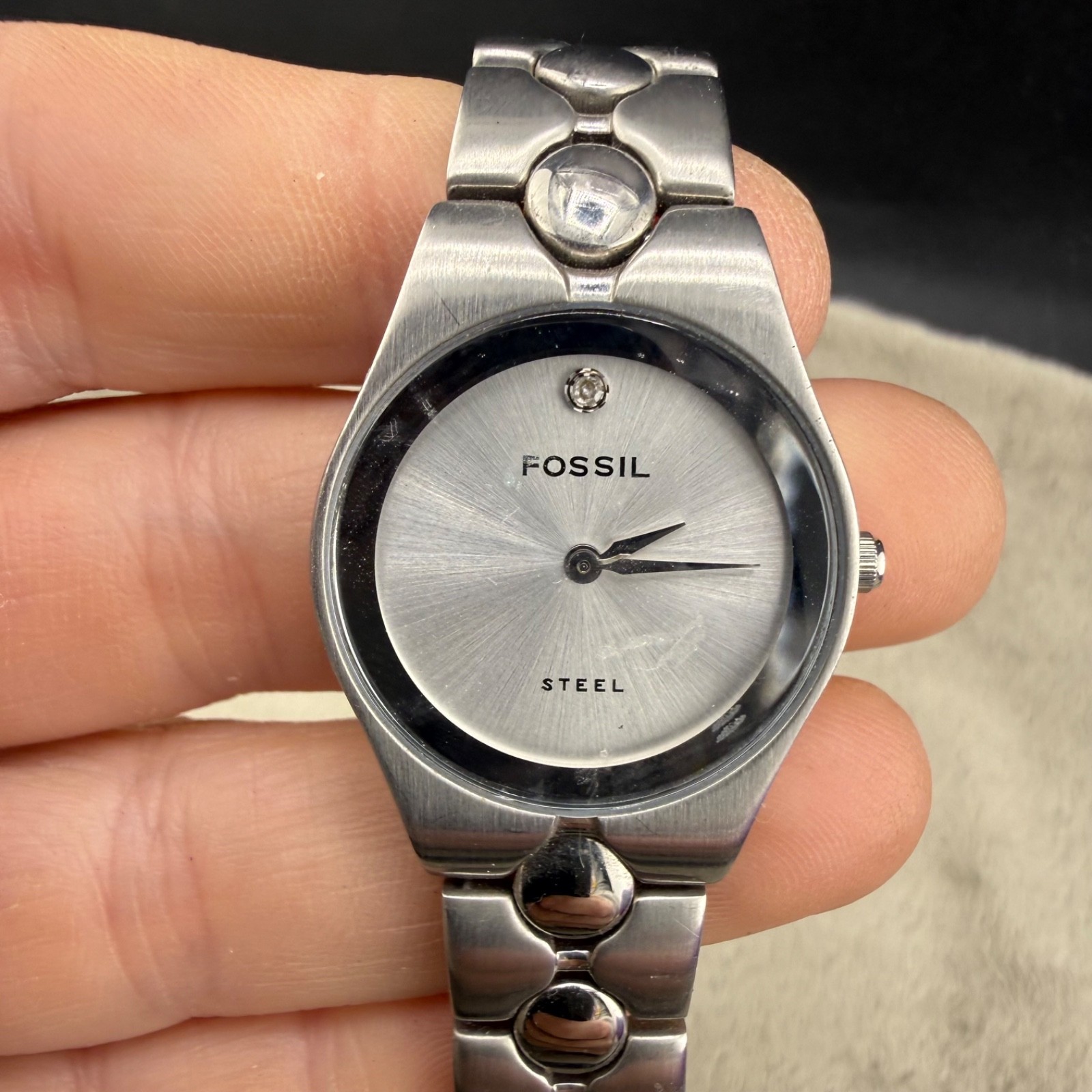 Vintage Fossil Steel Watch Silver Tone Arkitekt UNTESTED 6.5”