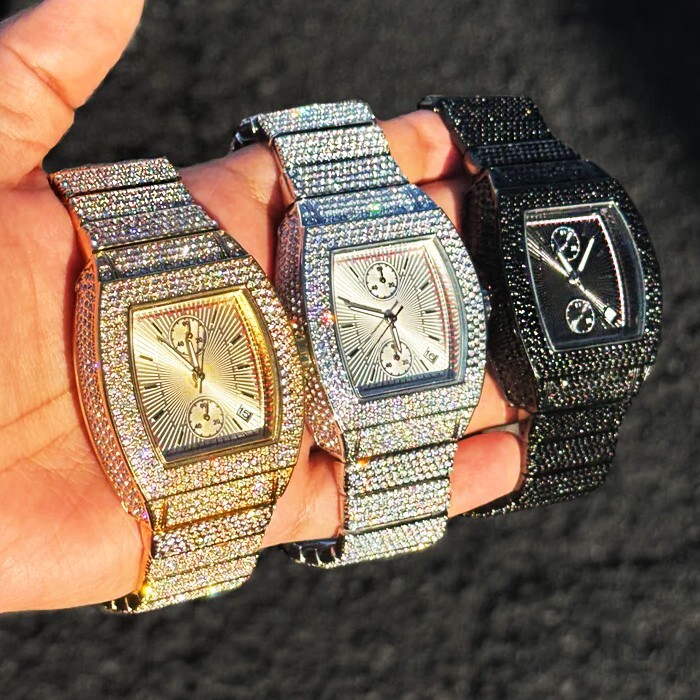 Men’s Watch Lab Diamond Iced Tonneau Shape Quartz Movement Hip Hop Style Luxury