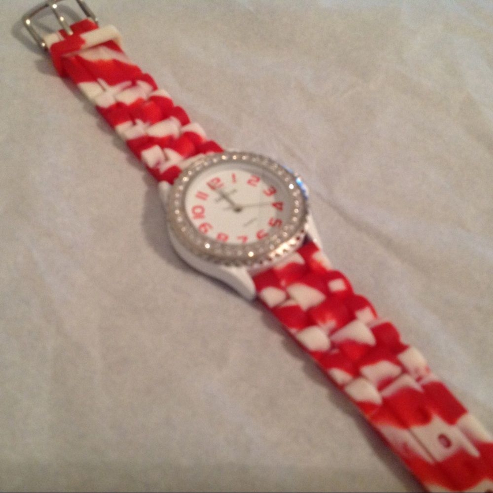 Geneva Silver Tone Red White Silicone Band Clear Rhinestone Watch Needs Battery