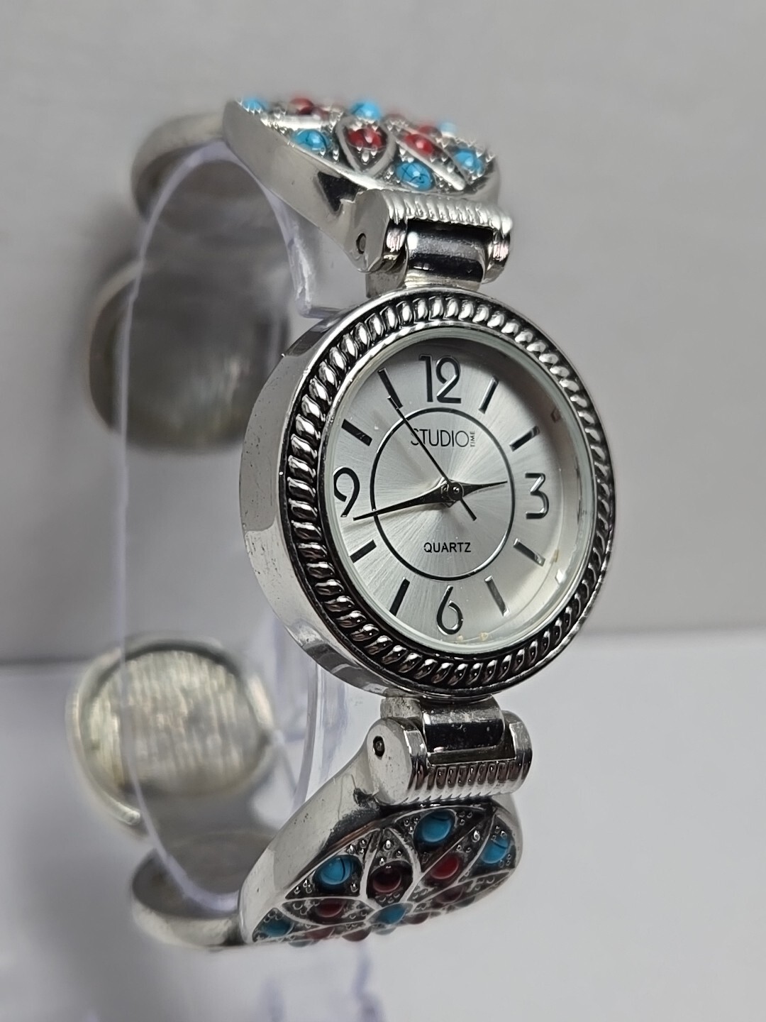 Womens Studio Time Southwestern Watch 29mm Red Blue Stones Cuff Band New Battery