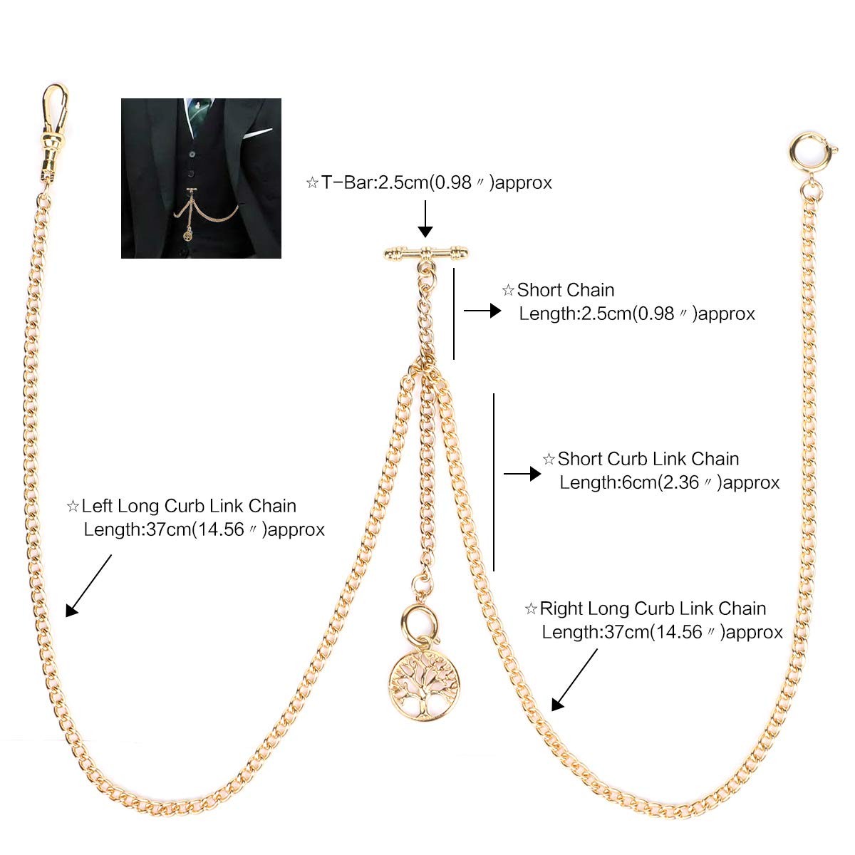 SIBOSUN Pocket Watch with Double Albert Chain, T Bar Chain and Gold