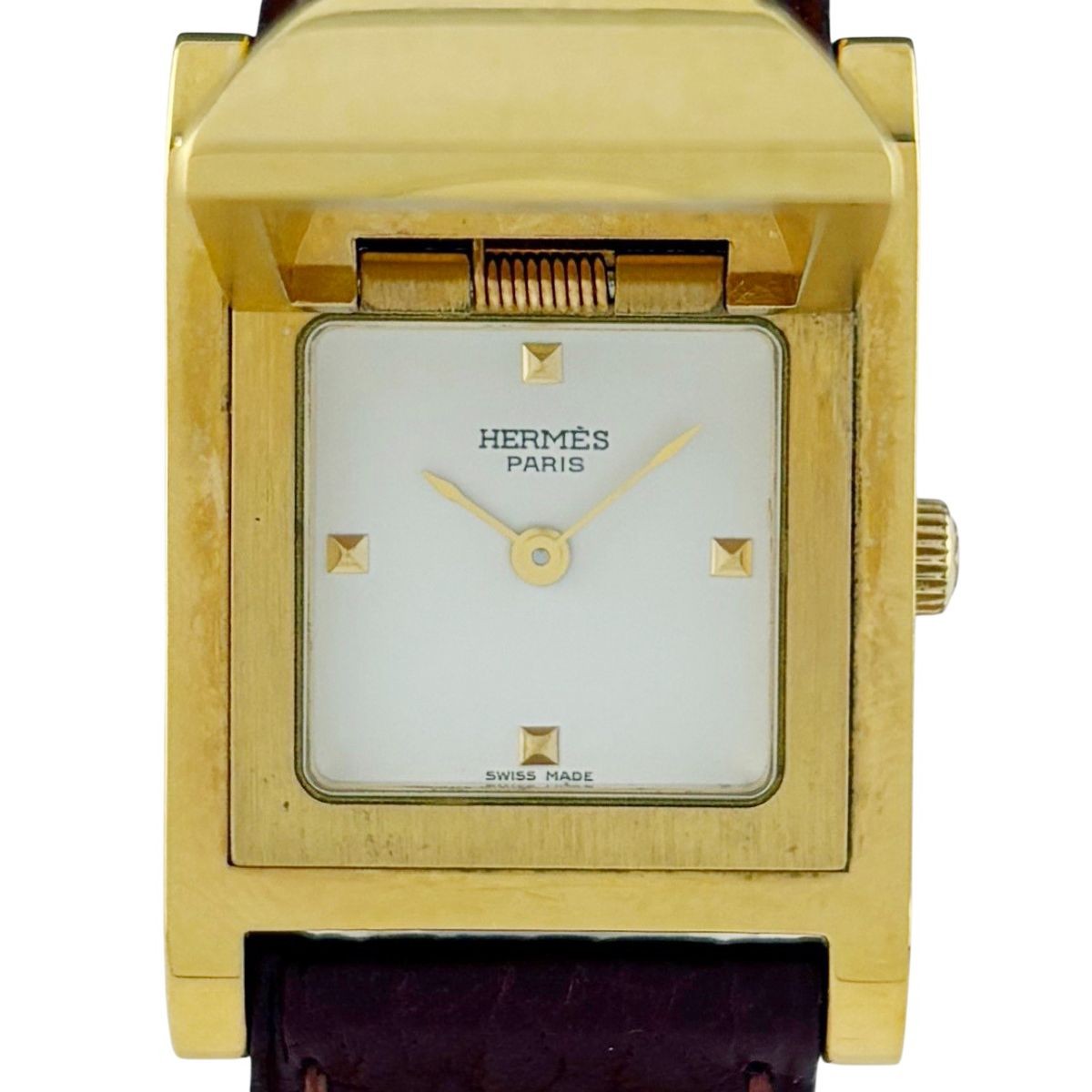 Hermes Medor Watch SS GP Leather Quartz White Ladies Used