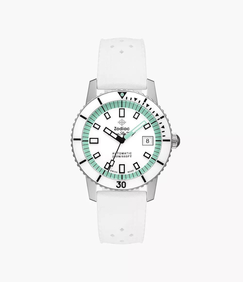 Zodiac Super Sea Wolf Compression Automatic White Dial White Rubber Watch ZO9309