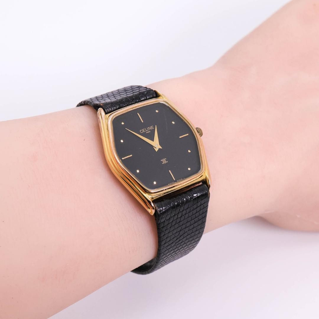 Rare working CELINE Watch Gold Square Black with outer box 3804