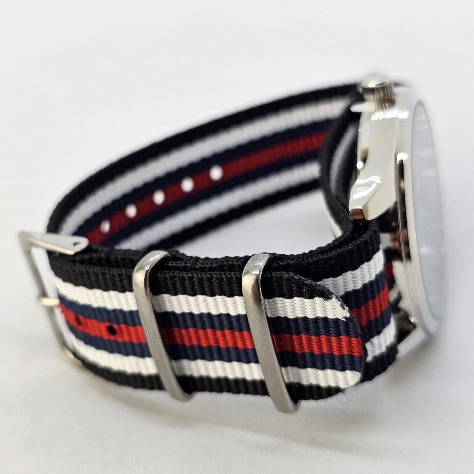 Field Watch Men 42MM Gray Case Black Dial White Red Blue Black Canvas Strap Band