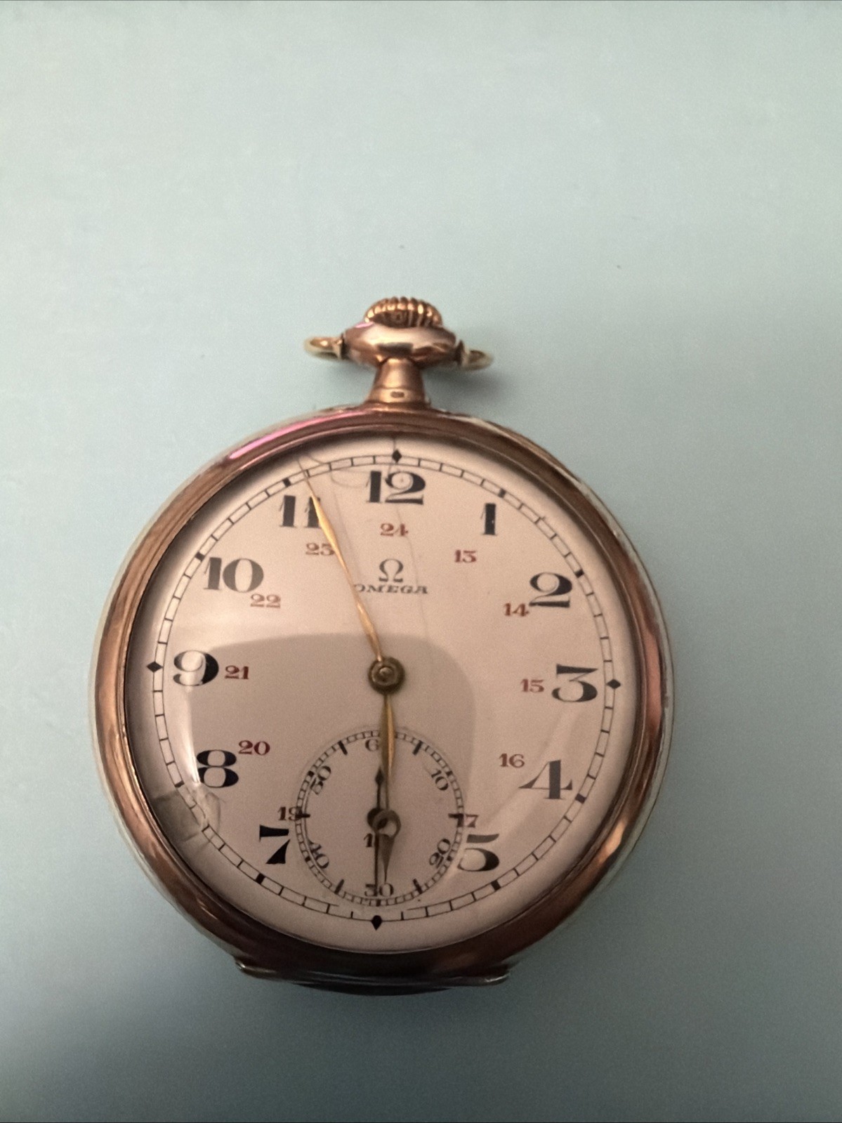 Antique Omega Coin Silver And Rose Gold Filled pocket watch Runs 24hr Dial