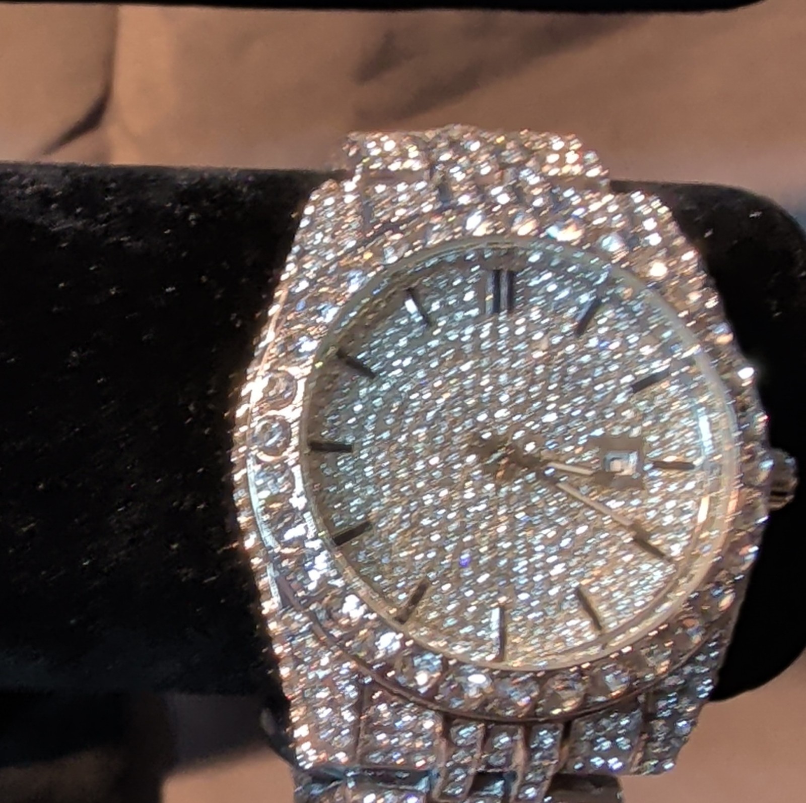 Silver Round AJ Luxury VVS Diamond Accent Date Indicator Roman Numerals Bra…
