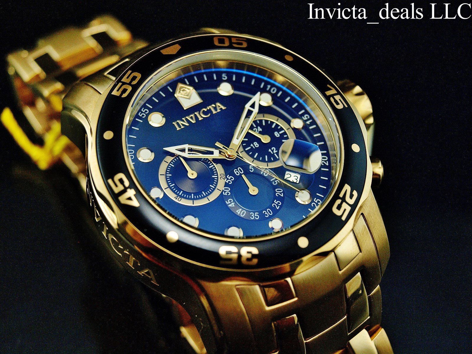 Invicta Men 48mm Pro Diver SCUBA Chronograph Black Dial 18k Gold Plated SS Watch