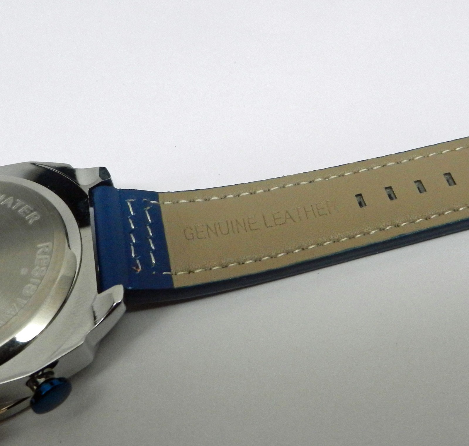 Men’s 45mm Blue Textured Chronograph Date Dial W/ Leather 24HR Dial Sport Watch
