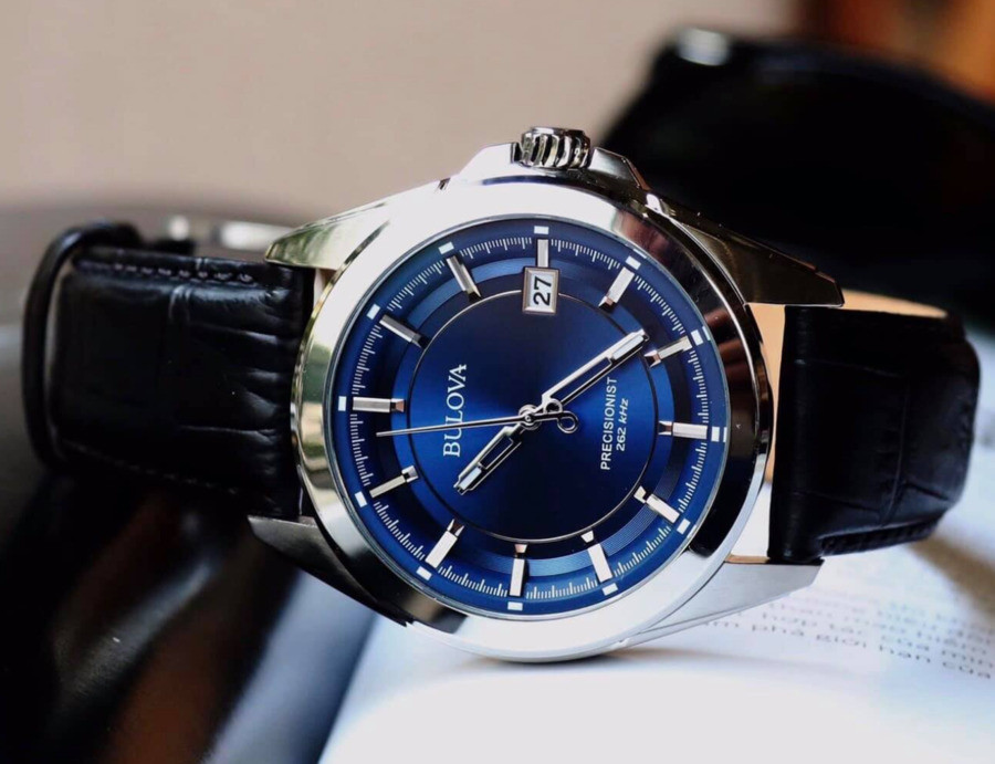 Bulova Precisionist Blue Dial Silver Tone Black Leather Band Men’s Watch 96B257