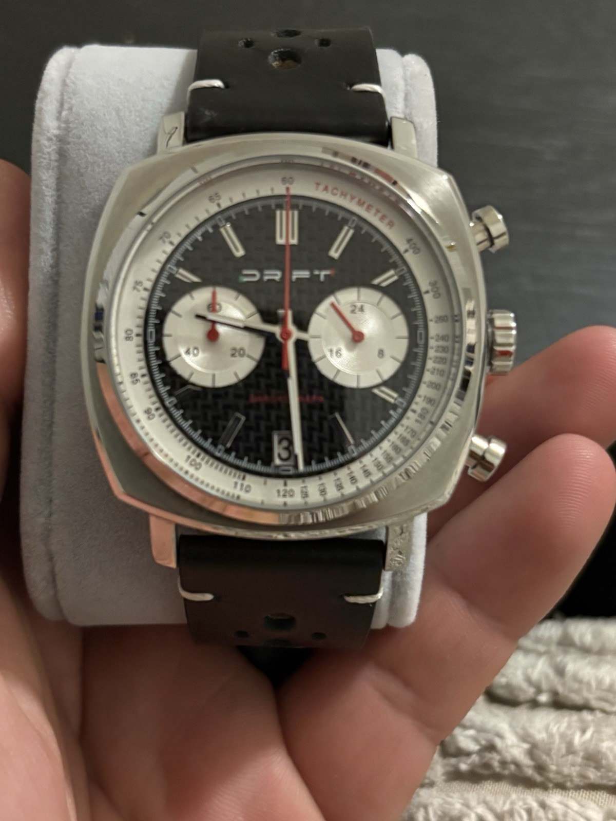 Drift Chronograph Watch Tachymeter Black Dial Date Racing Style Stainless Steel