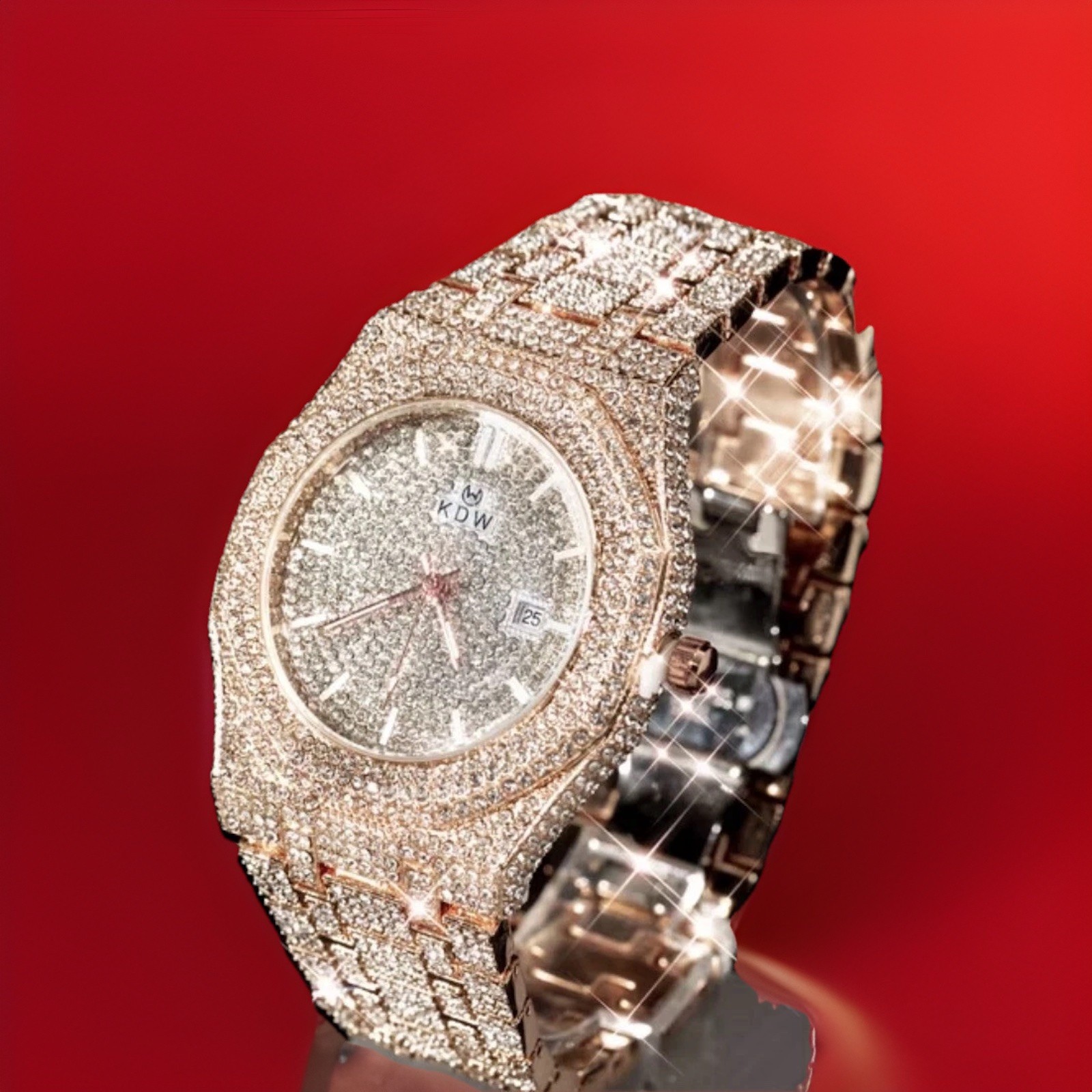 Bustdown”ICED” Out Luxury Wristwatch Diamond Pattern Gold Silver Movement Italy”