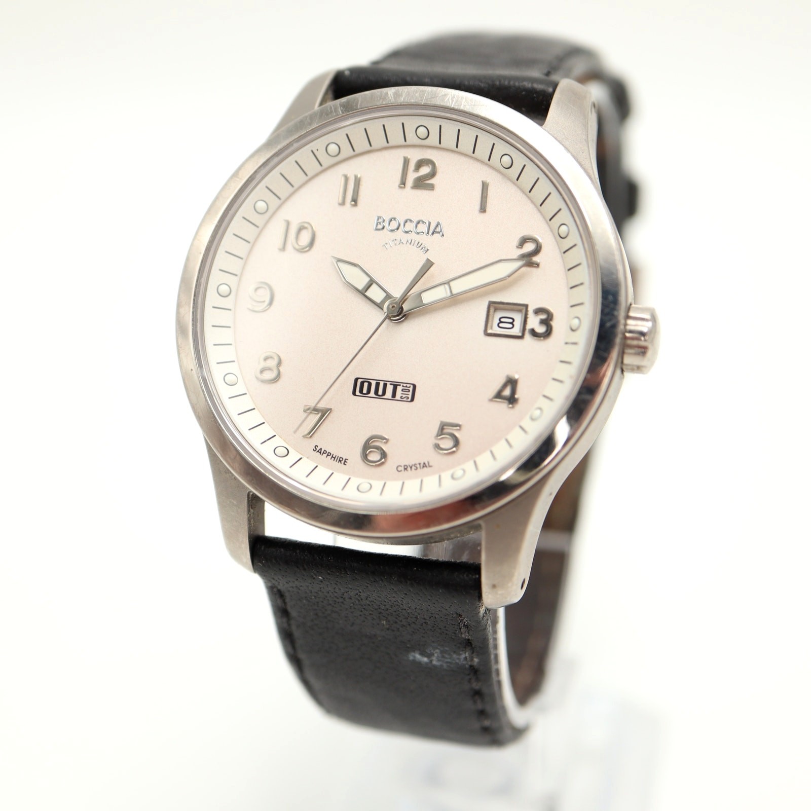 Boccia Titanium Mens 38mm Date Watch Sapphire Crystal Black Leather New Battery