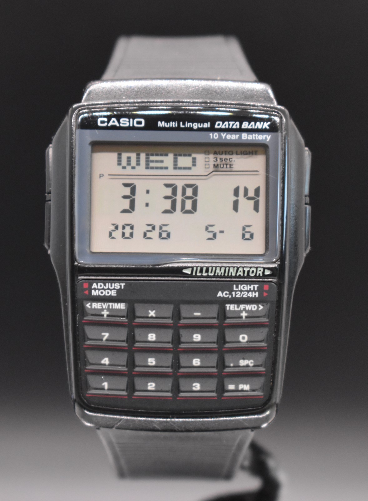 Retro Casio DBC-32 Databank Calculator Watch Black Digital Alarm Telememo Y2K