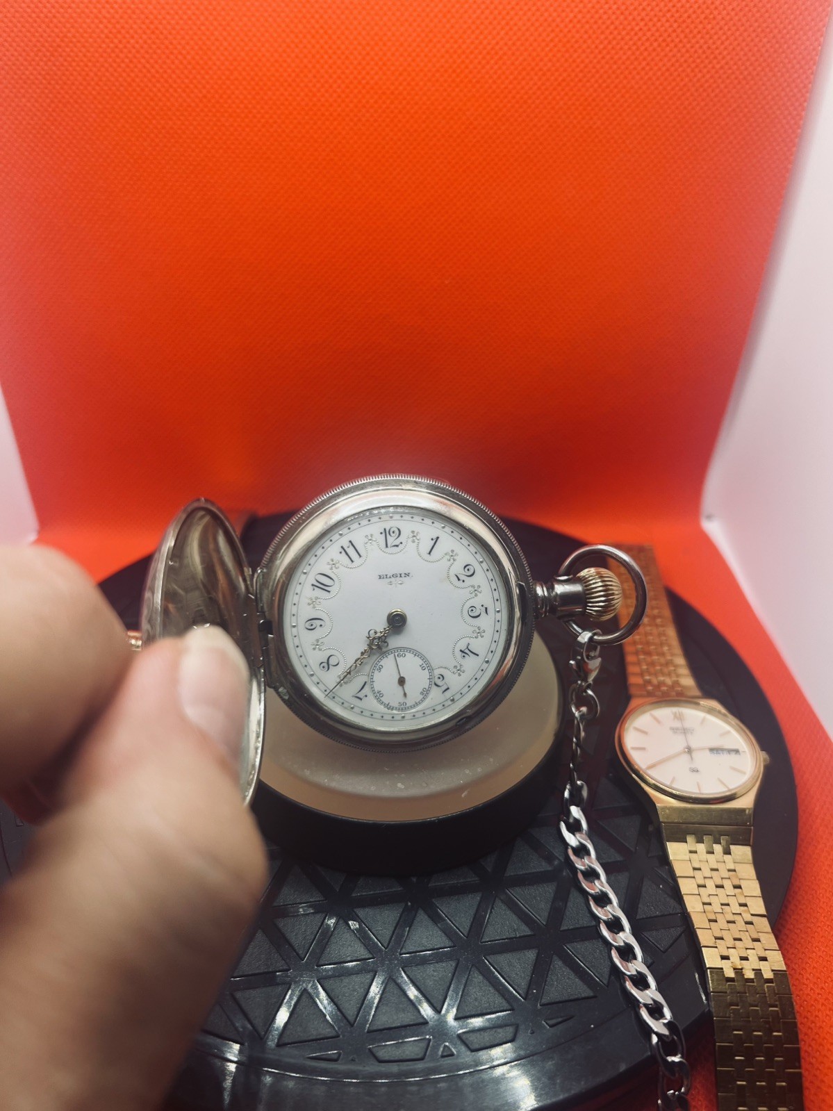 ANTIQUE ELGIN Sterling SILVER HUNTER POCKET WATCH + Stainless Steel Chain