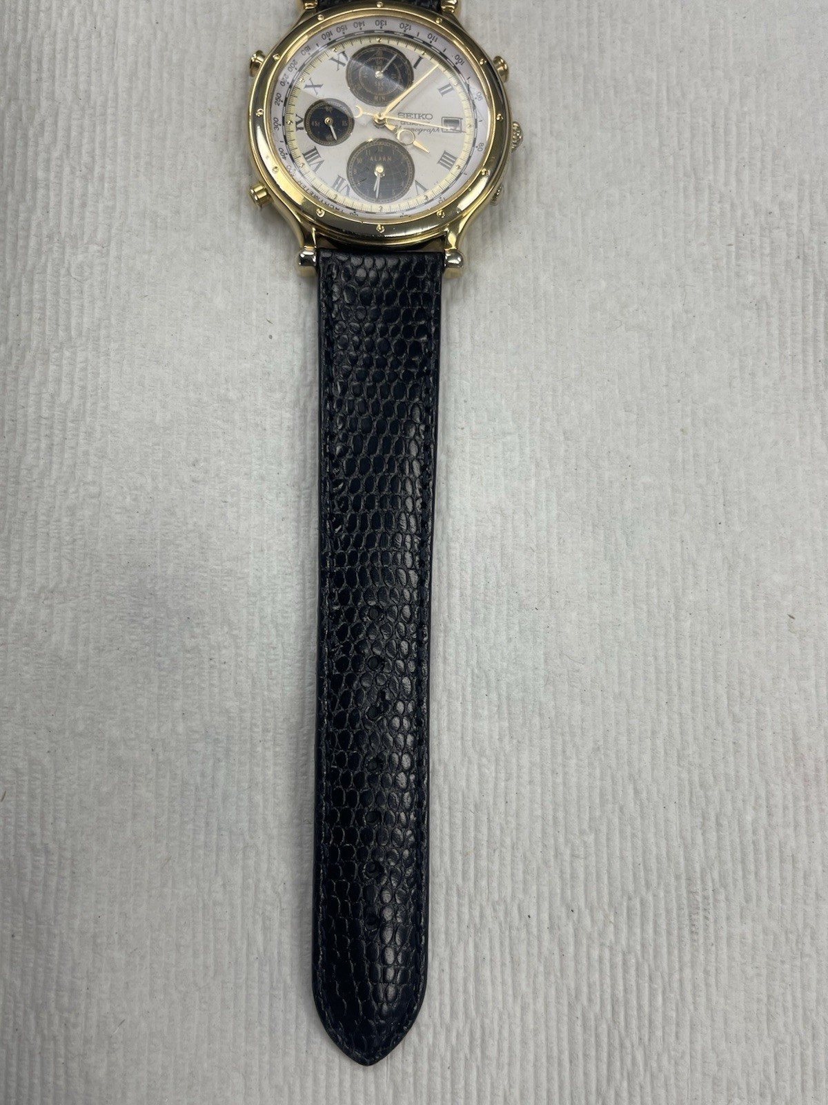 Vtg. Seiko World Timer Mens Watch 39mm Gold Tone Alarm Date New Battery