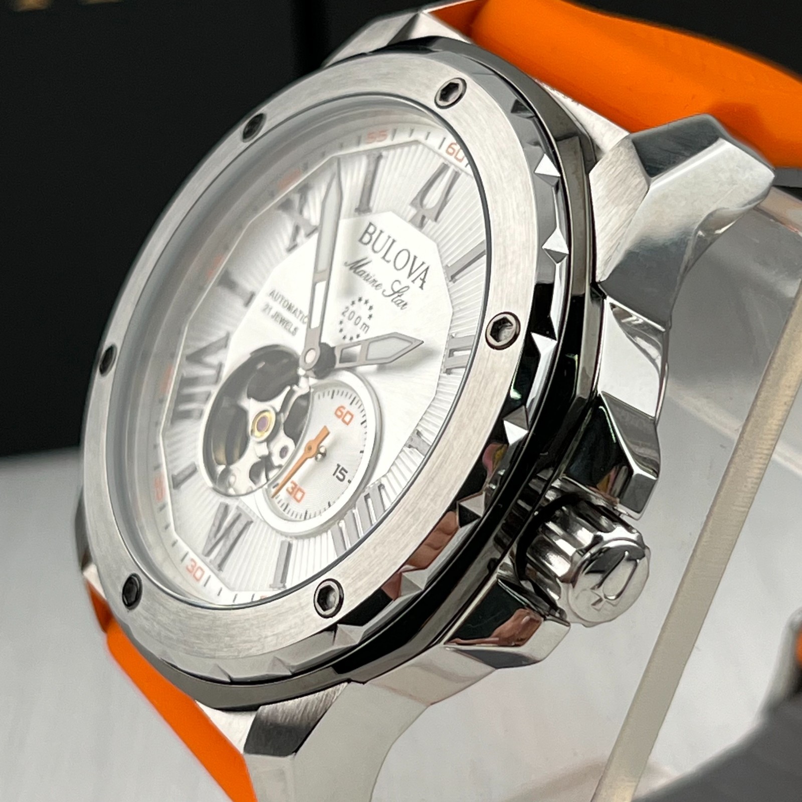 Bulova Marine Star 45mm Whit Dial Silver Case Orange/Grey Silicone Strap 98A226