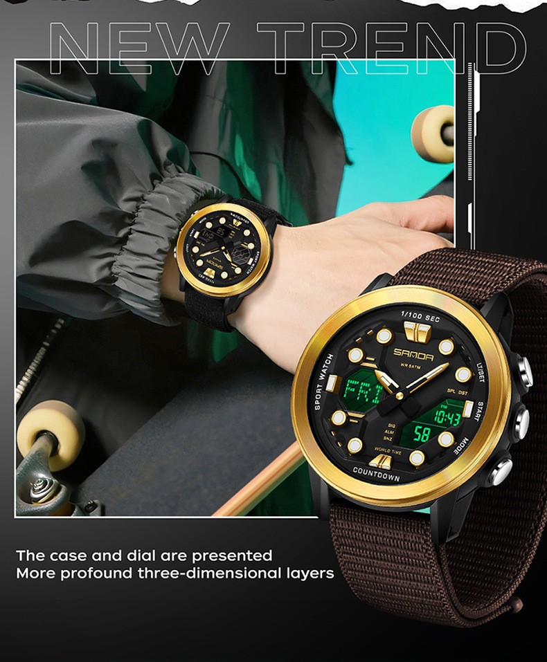 Dual display dial multifunctional sports style high waterproof quartz watch