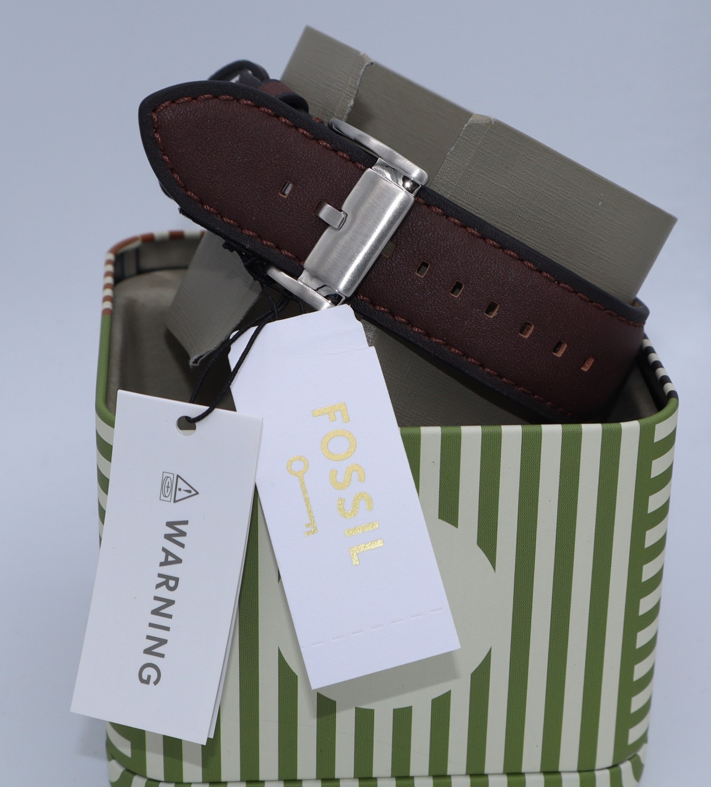 Fossil Flynn Silver Green Brown Leather Skeleton BQM7129 Men Watch
