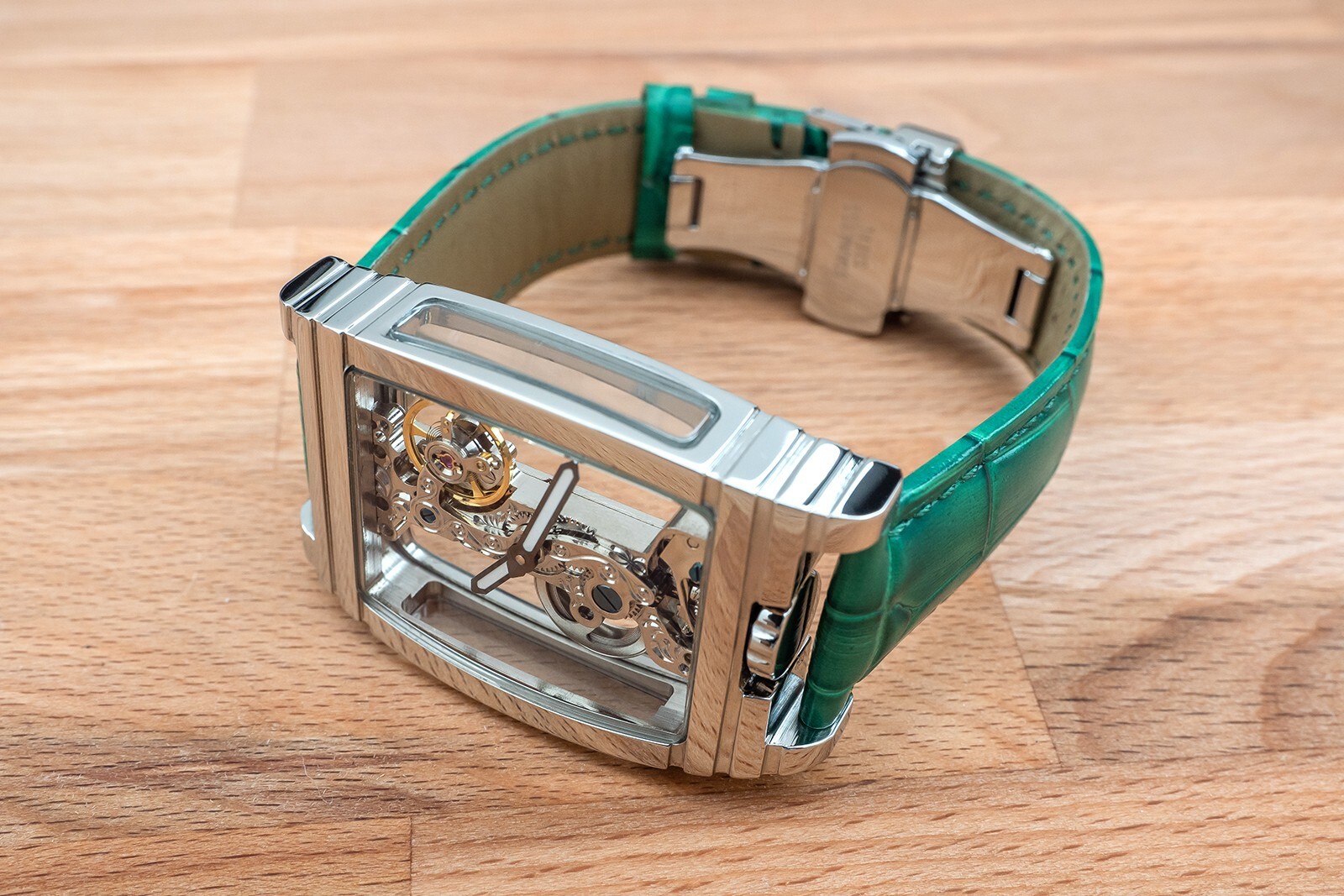 Mens Silver Bridge Manual Mechanical Watch – Green Leather Strap Gift