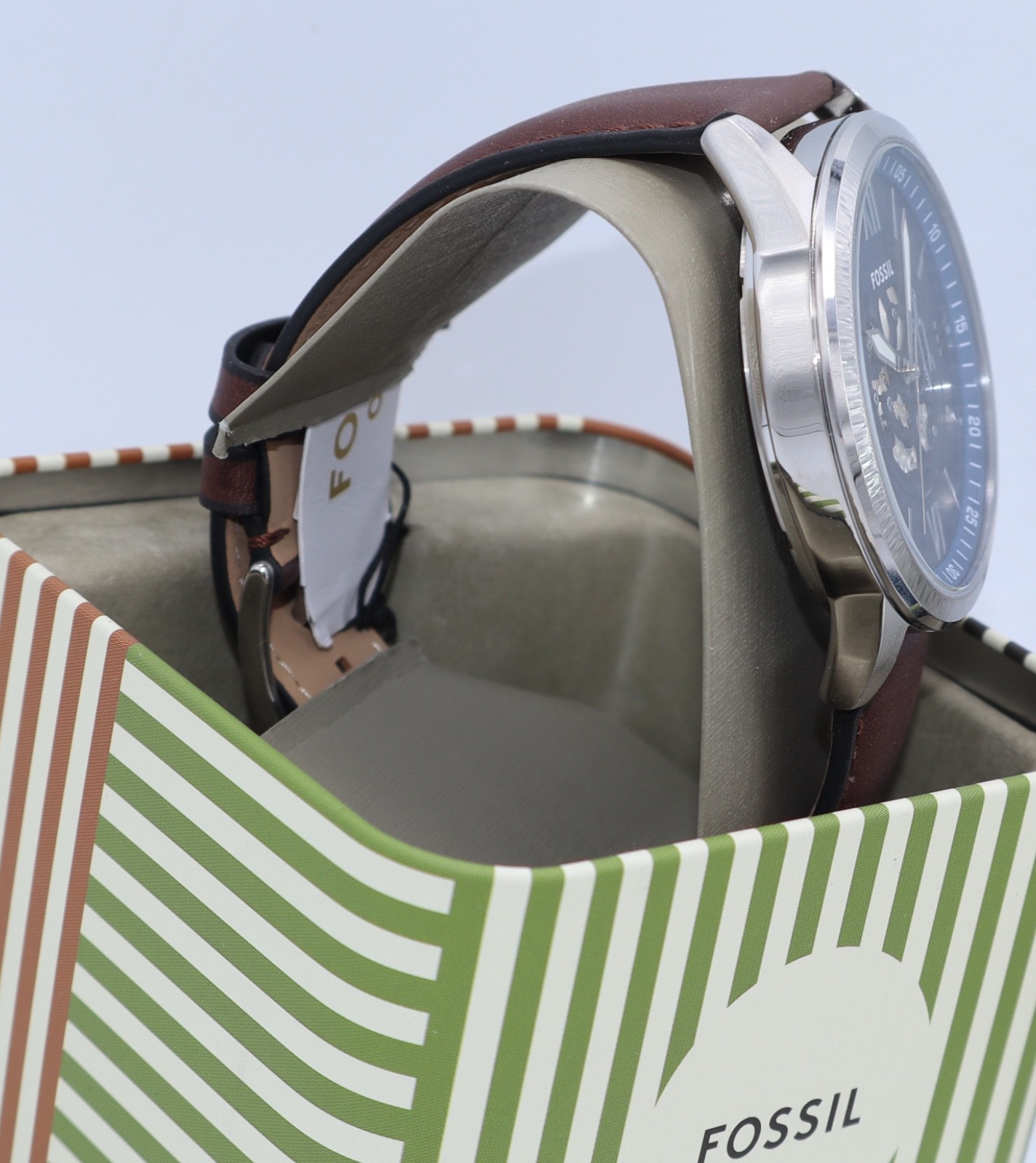 Fossil Flynn Silver Blue Brown Leather Skeleton BQM7128 Mens Watch